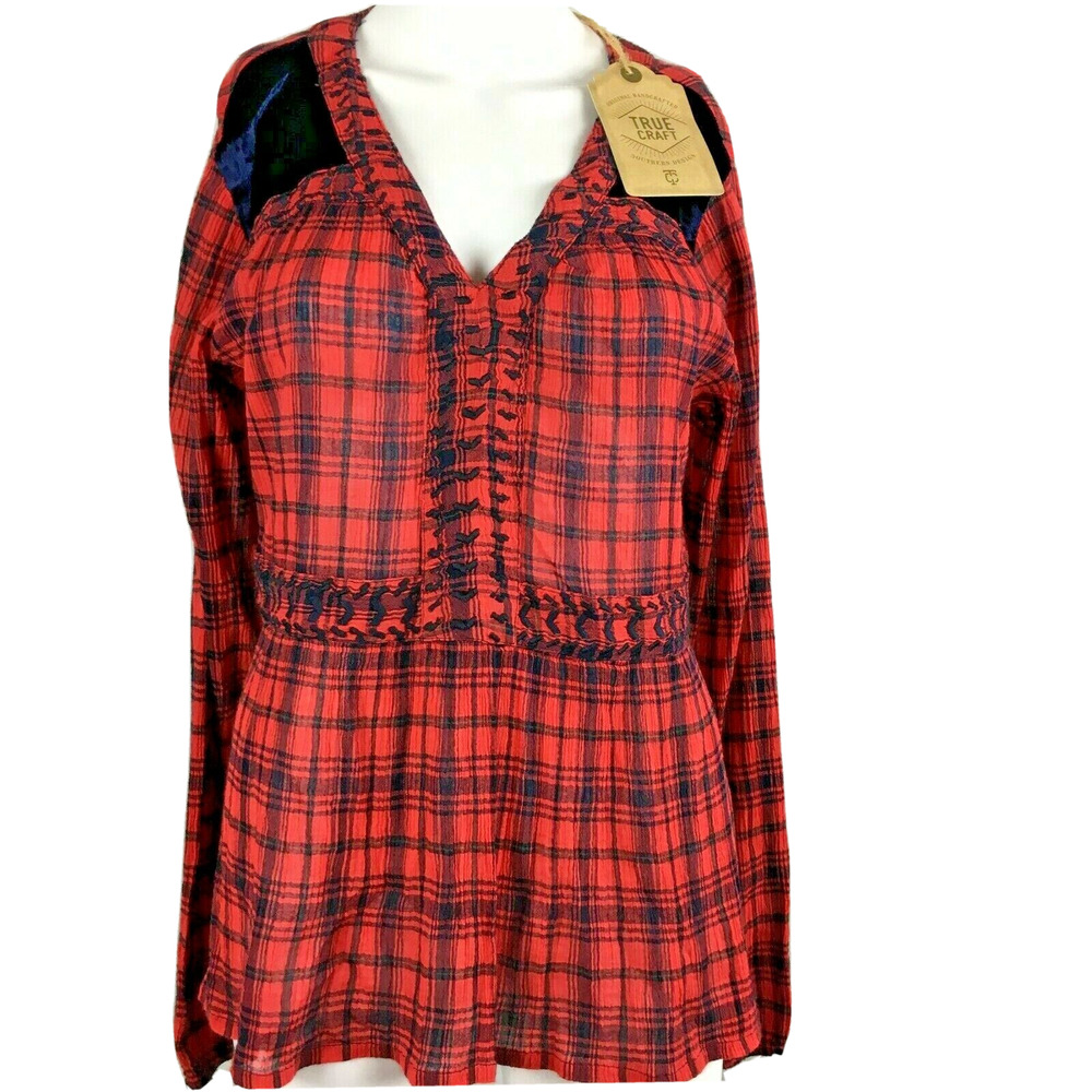 NWT True Craft Shirt Womens Sz M Red Blue Plaid Cotton Velvet Peplum Long Sleeve